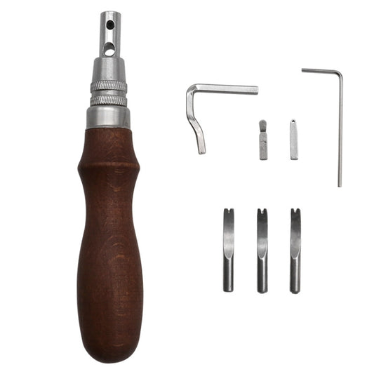 Leather edge trimmer tool with wooden handle, metal cutter head, and included hex tools