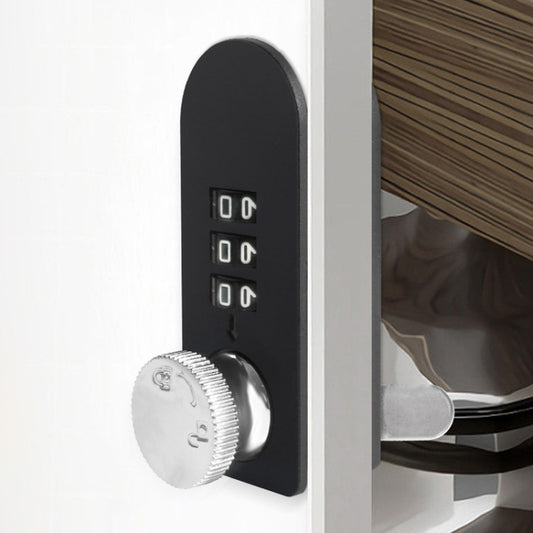 Mechanical dial drawer lock mounted on drawer front, black face with silver dial