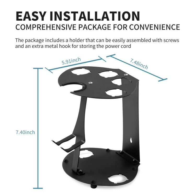 Black carbon steel storage rack size diagram with top plate and rounded base