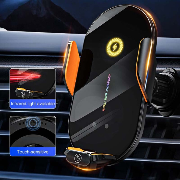 Car wireless charging phone holder, black with orange touch controls and infrared sensor