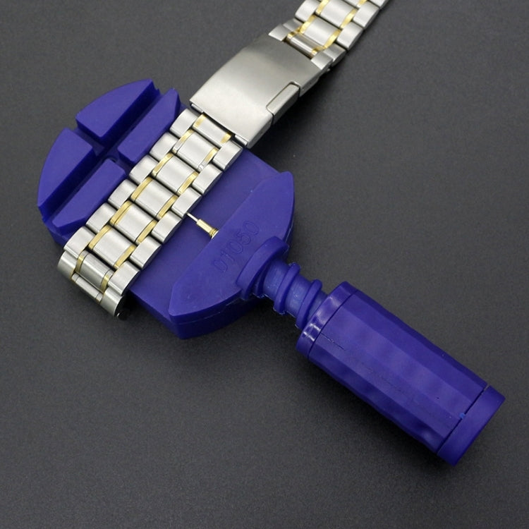 Watch bracelet repair clamp with purple grips and metal links