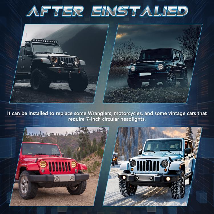 Off-road vehicles with installed 7-inch round LED headlights and amber rings
