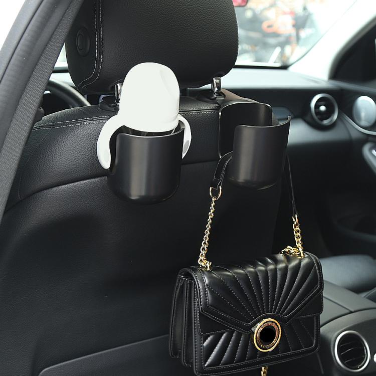 Car seat cup holder with hanging loop, black holder holding a white wipe container