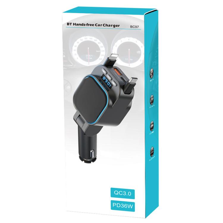 BC97 Bluetooth hands-free car charger retail box with device and blue trim