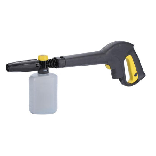 Handheld foam sprayer with white bottle, black handle, and yellow nozzle cap
