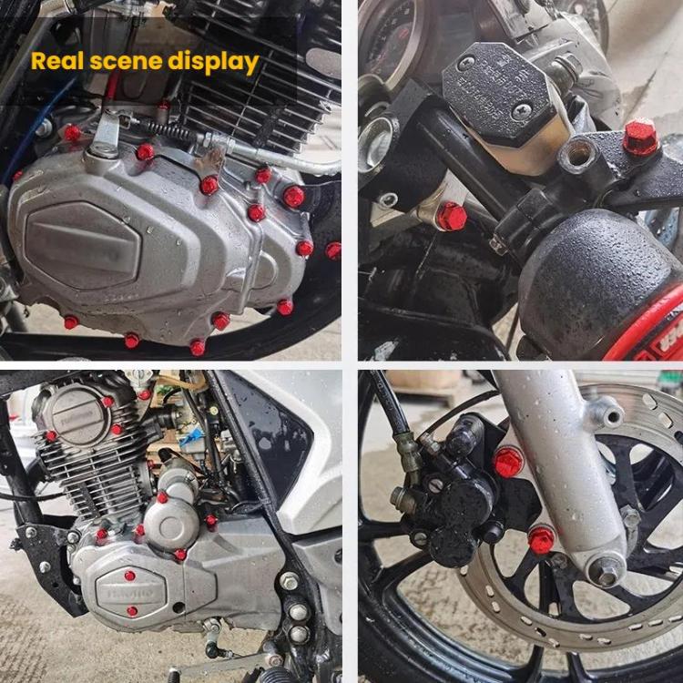 Red decorative screw caps for motorcycle engine, covers fasteners on casing and brackets