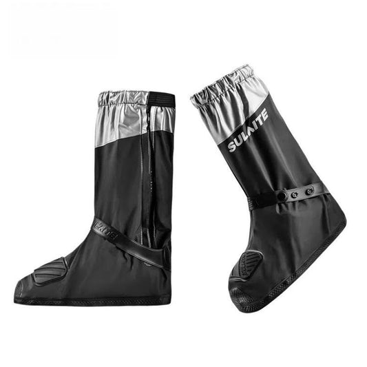 Waterproof motorcycle shoe covers in black with silver upper panels and buckle strap