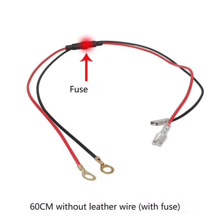 60cm car power cable with inline fuse, red/black leads, and O-type terminals