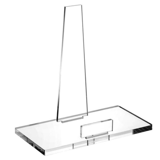 Clear acrylic photo plate stand with tall back support and flat base tray.