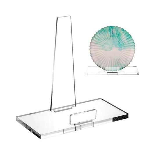 Clear acrylic photo plate stand holding a round decorative plate on the base tray.