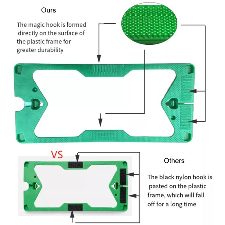 Green magic hook frame for vacuum brush, shown with durability diagram