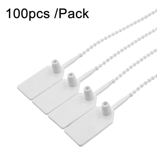 White plastic security seal tags with beaded snap ties, 100-pack bundle