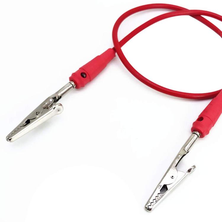 Pair of red insulated test leads with metal alligator clips and wire loop