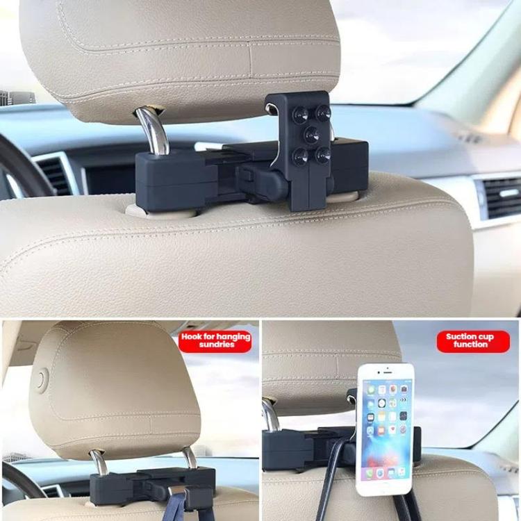 Car seatback hanging hook showing phone and bag hanging on a beige seat