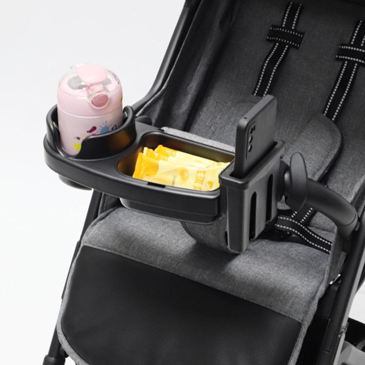 Stroller tray cup holder with covered phone/snack area and cup slot, black and gray