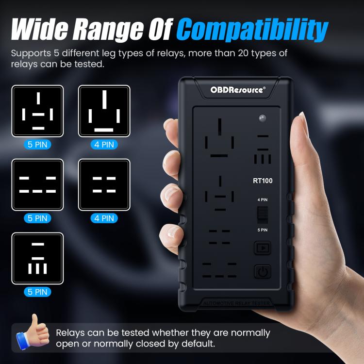 RT100 relay tester compatibility view with multiple relay pin types and test panel