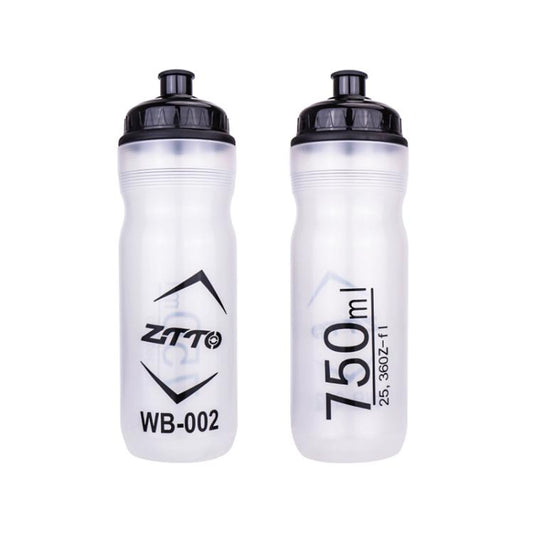 White sports water bottle with black flip-top lid, ZTTO WB-002 print