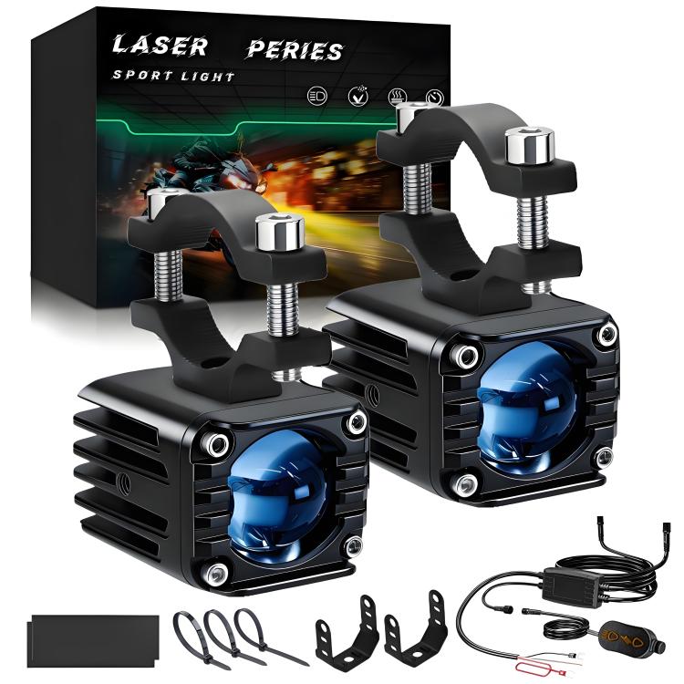 Motorcycle wired waterproof LED spotlight kit with two blue-lens spotlights