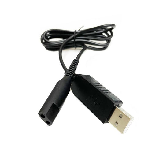 Black USB charging cable with 12V plug and two-pin barrel connector