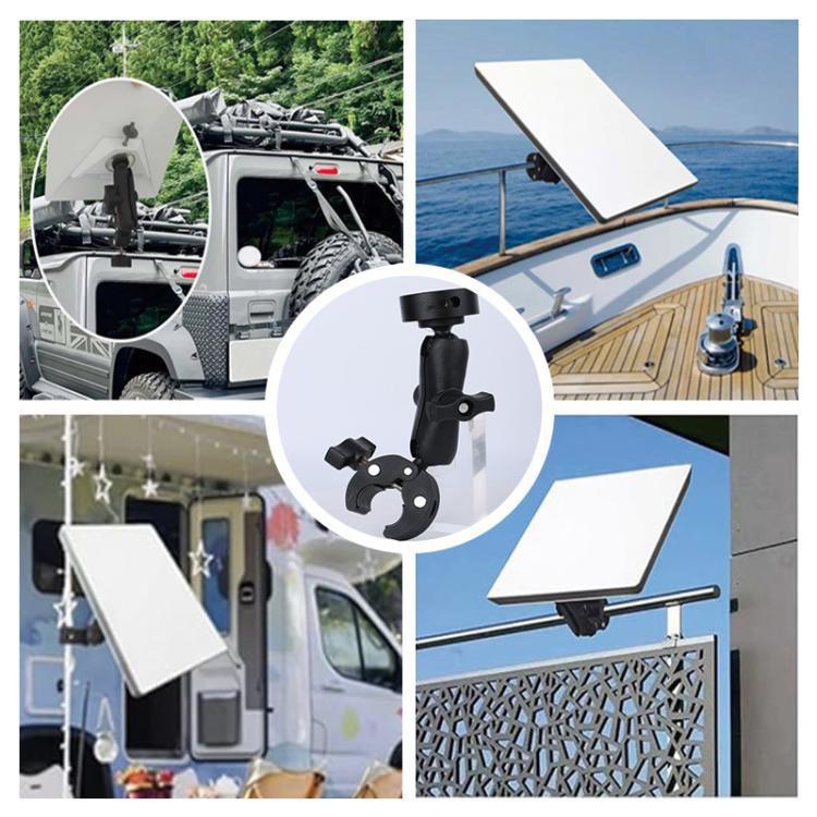 Black clamp bracket adapter installed on vehicle and boat rails with mounting arm