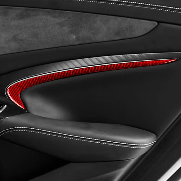 Red carbon-fiber door panel sticker trim, curved strip on car door