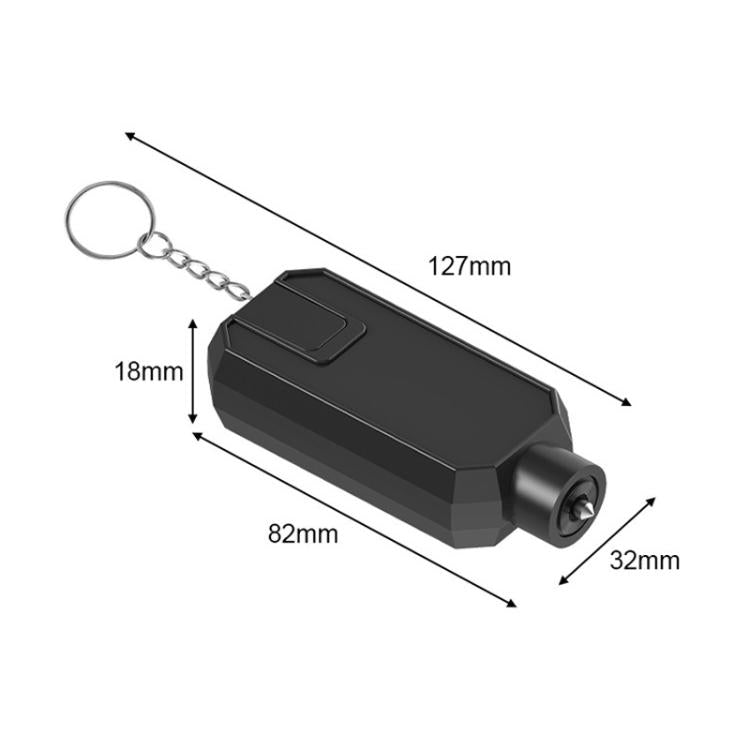 Car emergency window breaker, black body with keychain ring and size labels