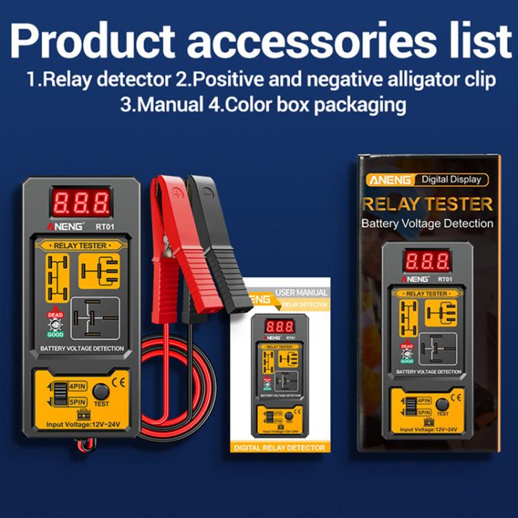 Relay tester kit accessories shown with tester unit, alligator clips, and manual packaging box