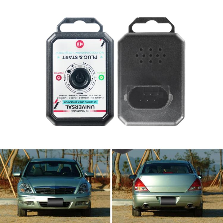 Universal steering lock emulator front and rear views, showing diagnostic connector