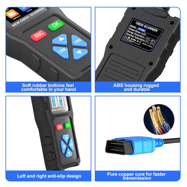 OBD2 scanner close-ups: rubber buttons, rugged ABS housing, and blue OBD cable