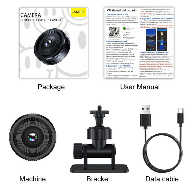 Mini fisheye lens kit with mounting bracket and data cable, plus lens and manual