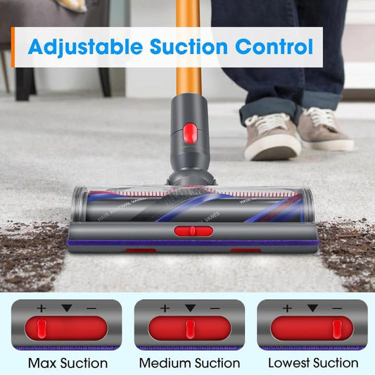 Low-profile gray vacuum brush head with purple bristle roller and red power slider