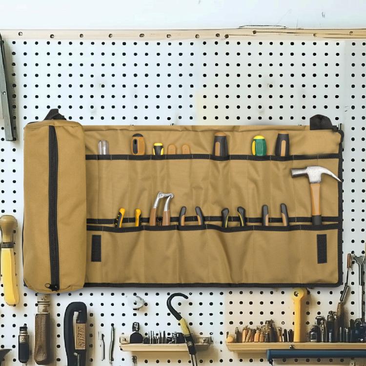 Tan wall-mounted tool organizer pouch with elastic tool loops and side pockets