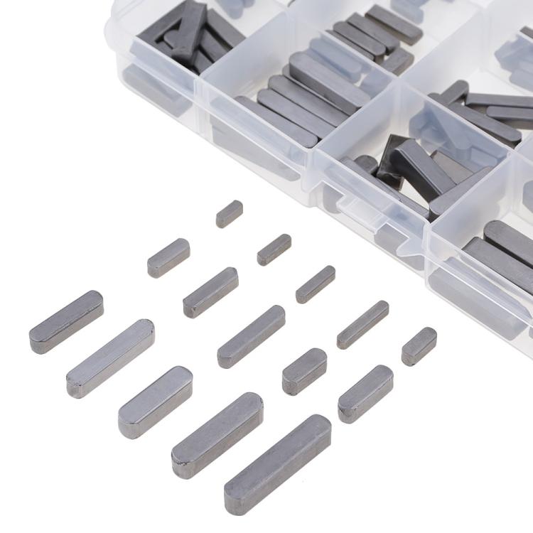 Feather pin keys scattered on white, gray metal rectangular pins