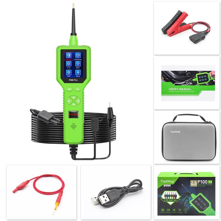 Automotive circuit tester kit with handheld unit, test leads, and storage case