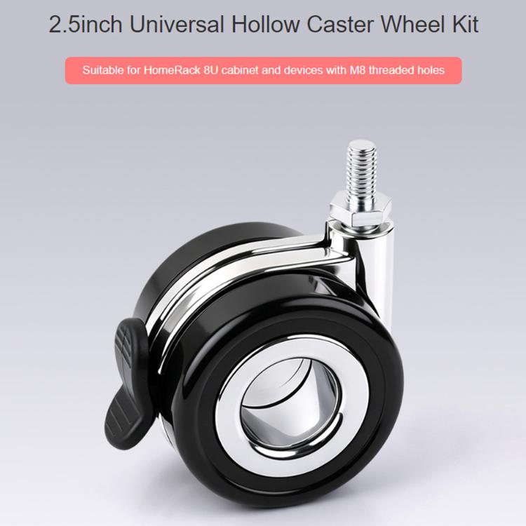 2.5 inch hollow caster wheel with black wheel, chrome stem, and brake lever