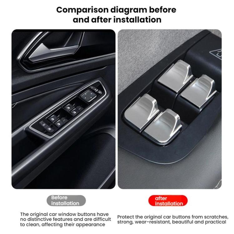 Window lift button sticker on black door panel, silver button covers after installation