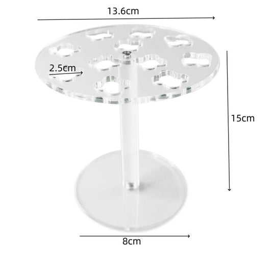 Clear acrylic scissor holder with 11-slot top disc, center post, and round base