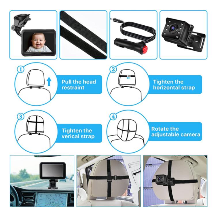 Car baby monitor kit with camera, cable, and mounting straps with step-by-step setup
