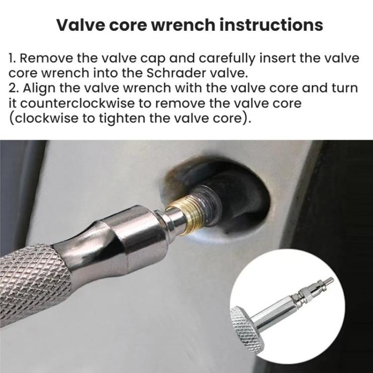 Metal valve core wrench inserting into a tire valve stem for core removal