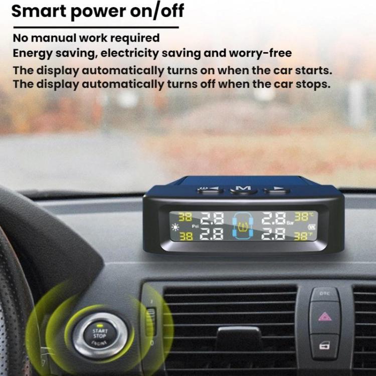 Car TPMS monitor screen with digital tire pressure readouts and top buttons
