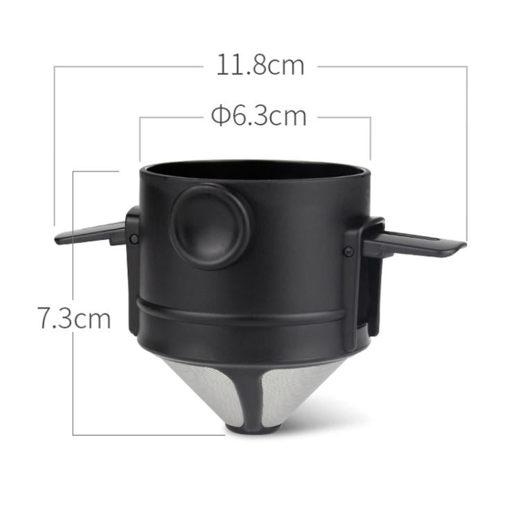 Black portable coffee drip filter cup with handles and conical bottom