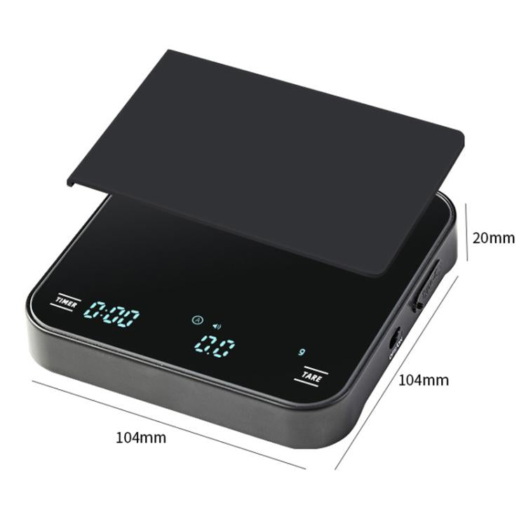 Black electronic kitchen scale with digital display, tare and timer buttons