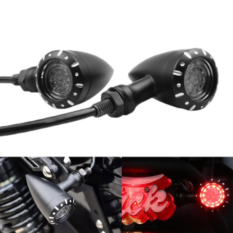 Black LED motorcycle turn signal lights with round lenses; one shows red illuminated light
