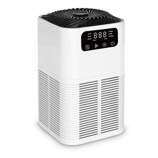 Desktop air purifier with black top vent and front grille, digital control panel