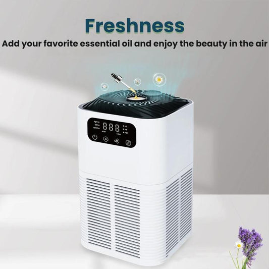 Desktop air purifier with top diffuser grille and front intake vents