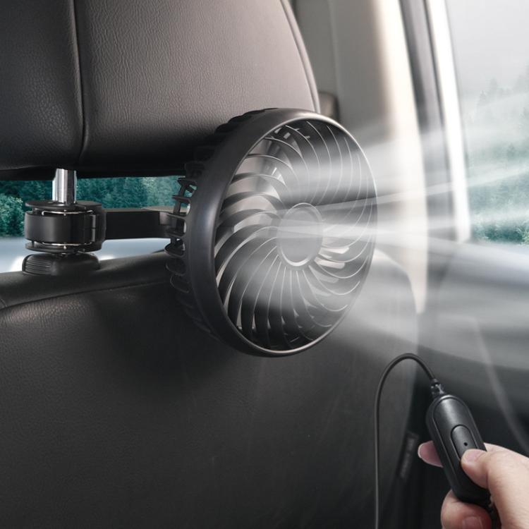 Clip-on USB car fan blowing air from the seat area with handheld remote