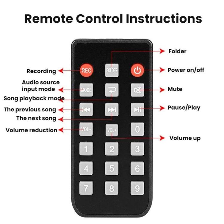 Bluetooth remote control with REC, power, mute, playback, and numeric keypad