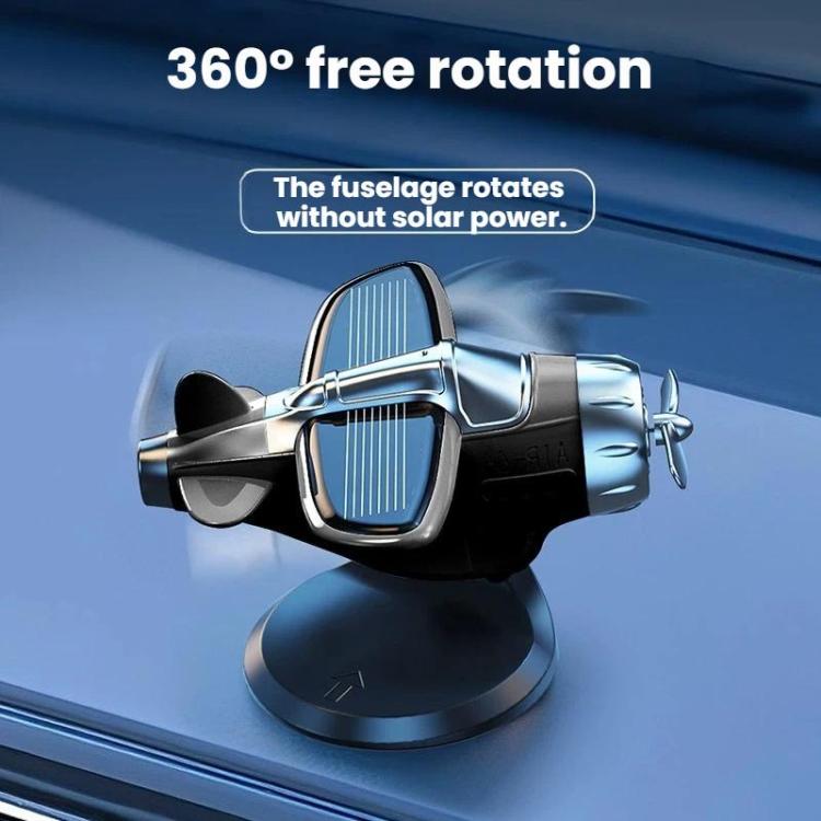 Silver solar-powered airplane dashboard ornament with black rotating base