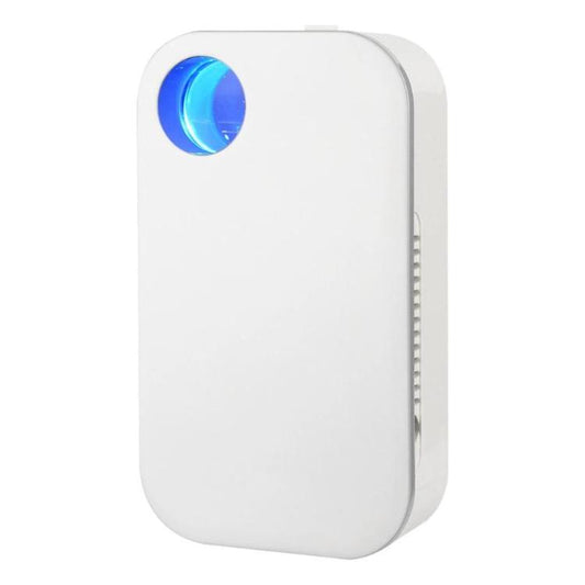 Wall-mounted air purifier with blue LED light on white compact unit