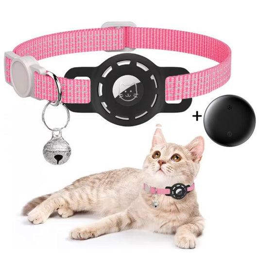 Pet GPS cat tracker collar, pink fabric band with round display and bell keychain